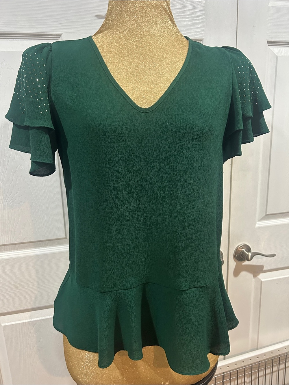 Michael Kors Forest Green Ruffle Sleeve V-Neck Blouse